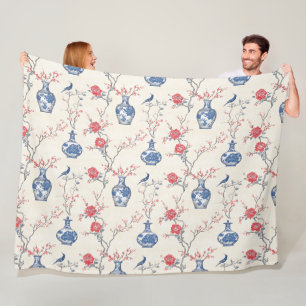 Oriental Elegance: Blue Porcelain and Blossoms Fleece Blanket