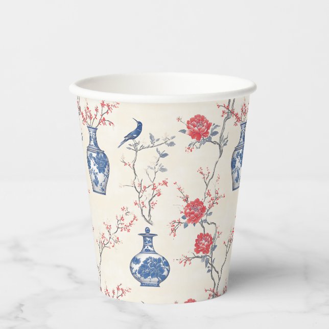 Oriental Elegance: Blue Porcelain and Blossoms Paper Cups (Front)