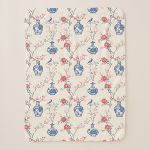 Oriental Elegance: Blue Porcelain and Blossoms Sherpa Blanket