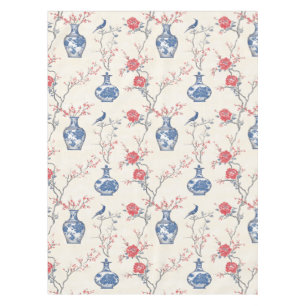 Oriental Elegance: Blue Porcelain and Blossoms Tablecloth