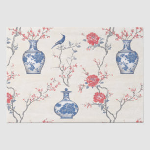 Oriental Elegance: Blue Porcelain and Blossoms Tissue Paper