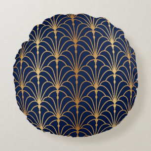 Oriental Elegance: Golden Fan Pattern Round Cushion