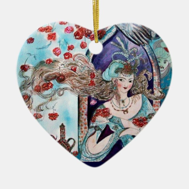 ORIENTAL FAIRY TALE Blue Sapphire Heart Ceramic Ornament (Front)