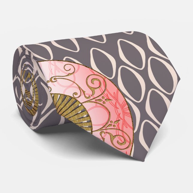 Oriental Fans on Retro Loop (Pink, Gold, Taupe) Tie (Rolled)