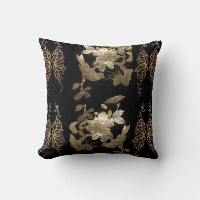 Oriental Flair Birds on Gold Leaf Pillow (Front)