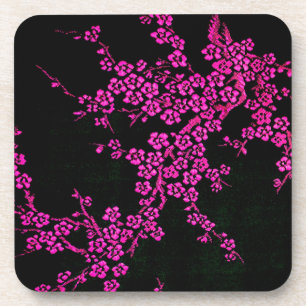 Oriental floral cherry blossom japanese pink black coaster