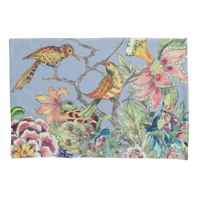 Oriental Floral Garden with Birds Chinoiserie Blue Pillowcase (Front)