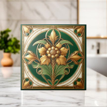 Oriental Floral Ornament Tile - Green and Gold