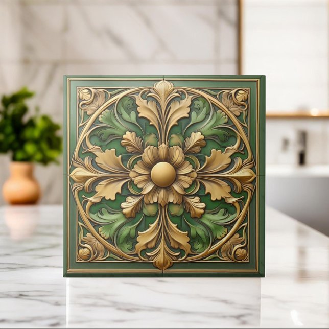 Oriental Floral Ornament Tile - Green and Gold (Creator Uploaded)