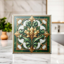Oriental Floral Ornament Tile - Green and Gold