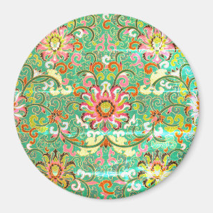 Oriental floral pattern antique green peach Magnet