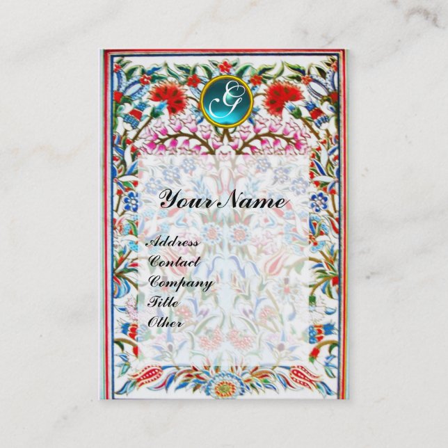 ORIENTAL FLOWERS DAMASK MONOGRAM Blue Aquamarine Business Card (Front)