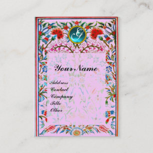 ORIENTAL FLOWERS DAMASK MONOGRAM Blue Aquamarine Business Card