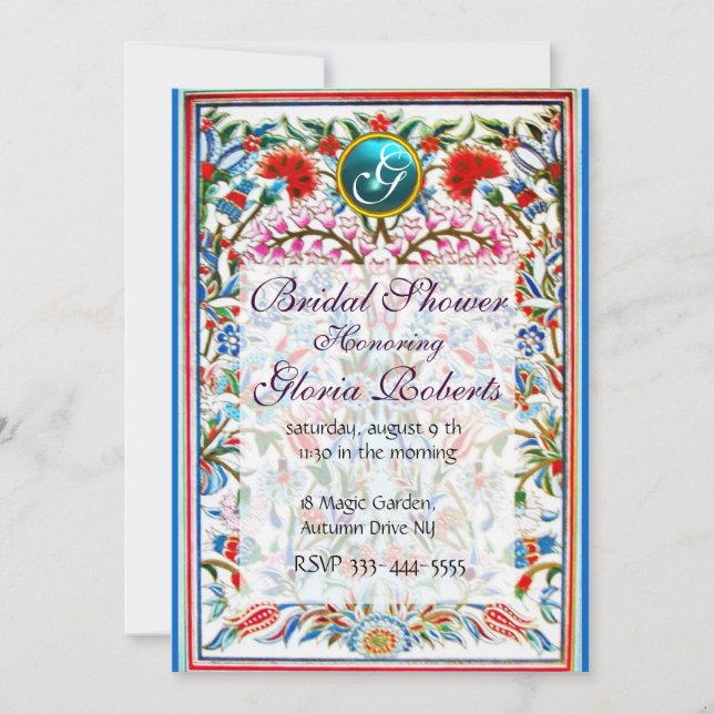 ORIENTAL  FLOWERS DAMASK MONOGRAM Blue Aquamarine Invitation (Front)