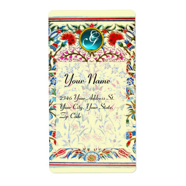 ORIENTAL  FLOWERS DAMASK MONOGRAM Blue Cream (Front)