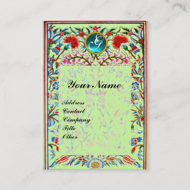 ORIENTAL  FLOWERS DAMASK MONOGRAM Blue Green Business Card (Front)
