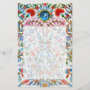 ORIENTAL FLOWERS DAMASK MONOGRAM Blue Sapphire Stationery