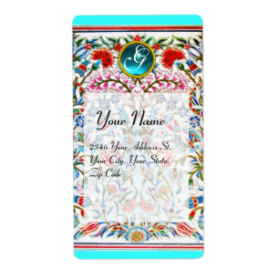 ORIENTAL  FLOWERS DAMASK MONOGRAM Blue Turquase
