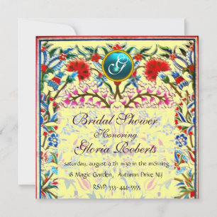 ORIENTAL  FLOWERS DAMASK MONOGRAM Blue Yellow Invitation