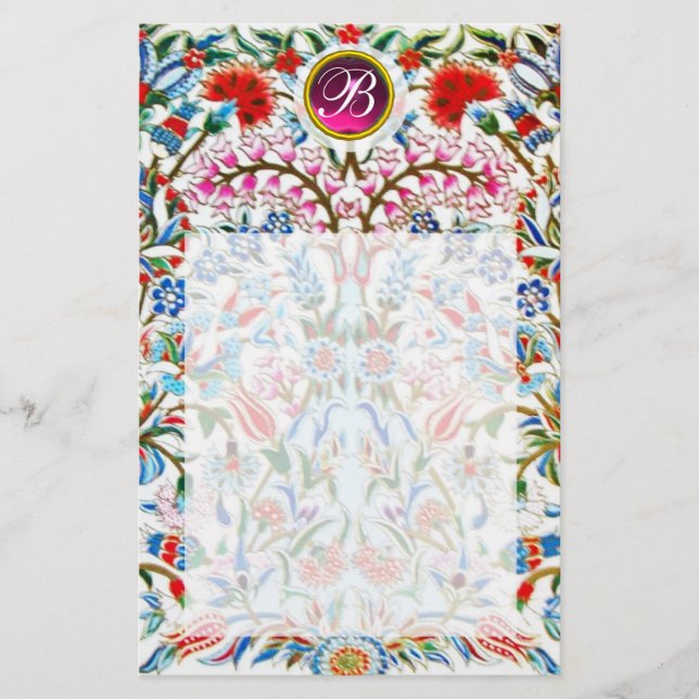 ORIENTAL  FLOWERS DAMASK MONOGRAM Pink Amethyst Stationery (Front)