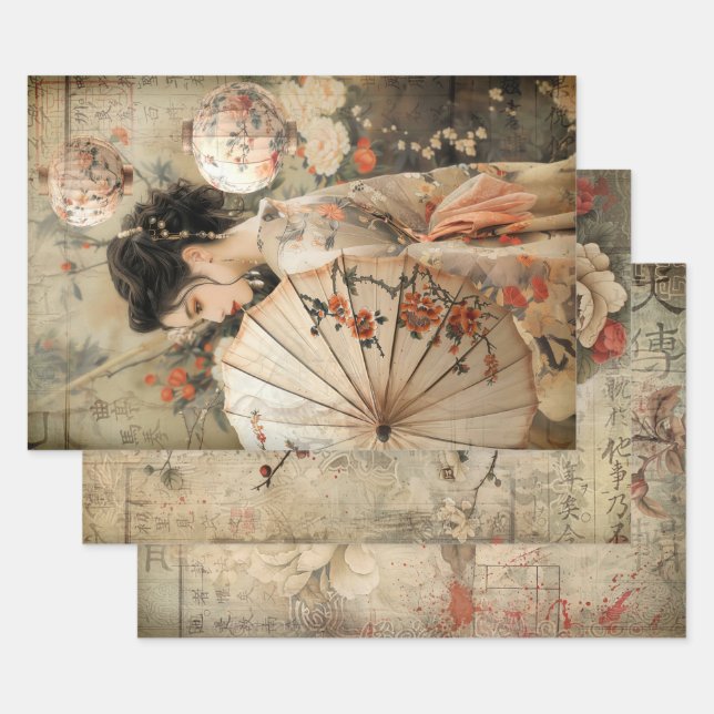 Oriental Geisha Aesthetics Heavy Weight Decoupage  Wrapping Paper Sheet (Set)