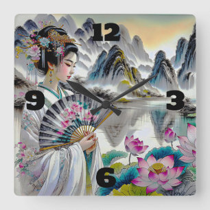 Oriental Geisha Lady, Mountains and Lotus Square Wall Clock