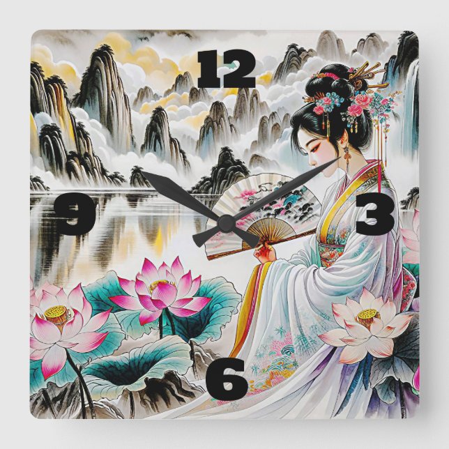 Oriental Geisha Lady, Mountains and Lotus Square Wall Clock (Front)