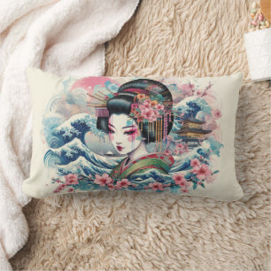 Oriental Geisha Maiko Kanagawa waves temple Lumbar Cushion