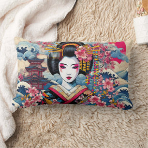 Oriental Geisha Maiko Kanagawa waves temple Lumbar Cushion