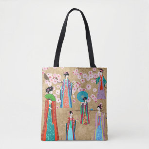 Oriental girl in retro costumejapanese, chinese, a tote bag