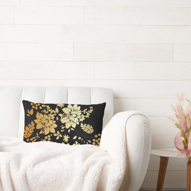 Oriental Golden Flowers on Black Lumbar Cushion (Couch)