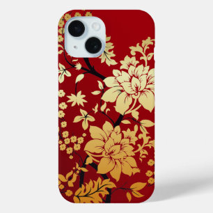 Oriental Golden Flowers on Red iPhone 15 Case
