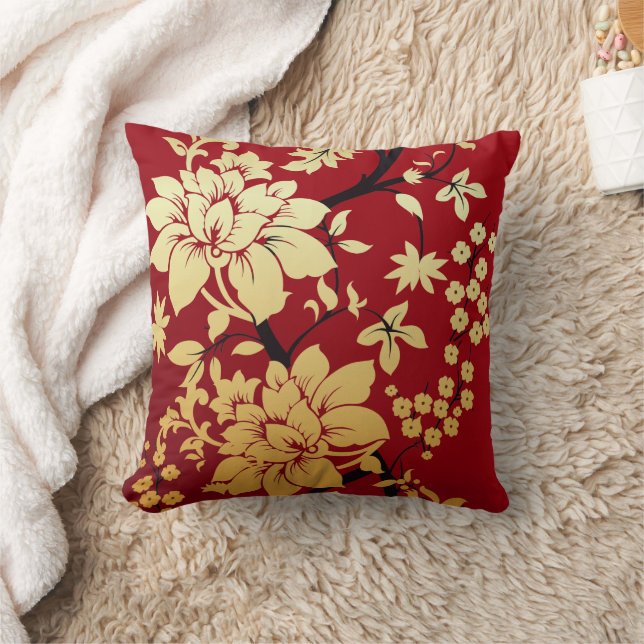 Oriental Golden Flowers on Red Cushion (Blanket)
