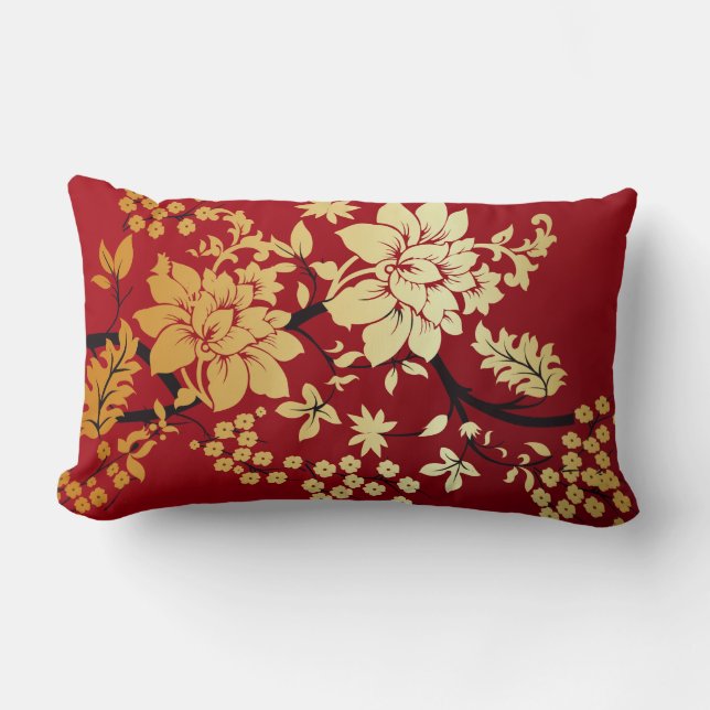 Oriental Golden Flowers on Red Lumbar Cushion (Front)