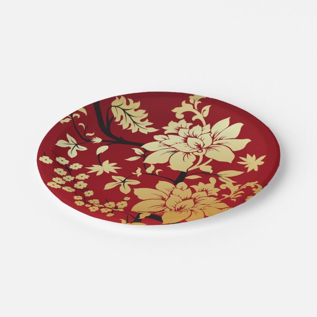 Oriental Golden Flowers on Red Paper Plate (Angled)