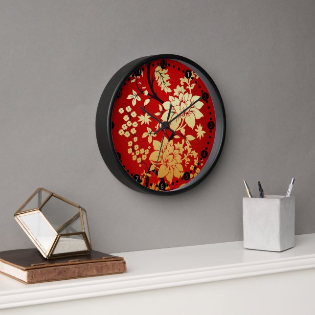 Oriental Golden Flowers on Red Wall Clock (Office)