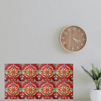 Oriental Golden Flowers Red Background Ceramic Tile