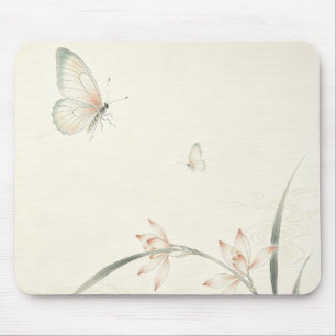 Oriental Gongbi Orchid Butterfly Minimal Mouse Pad