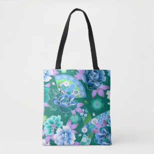 Oriental hand fan japanese floral blue green pink tote bag