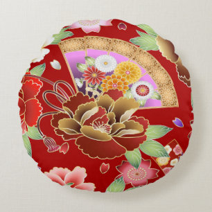 Oriental hand fan japanese floral round cushion