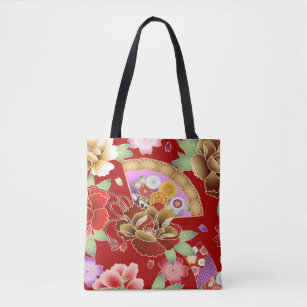 Oriental hand fan japanese floral tote bag