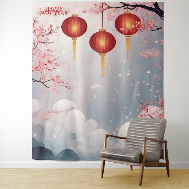 Oriental Happy New Year Backdrop Tapestry (In Situ)
