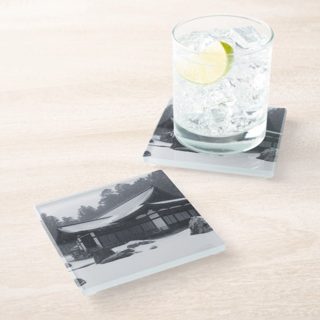 Oriental House in Woods Covered in Snow Glass Coaster (Angled)