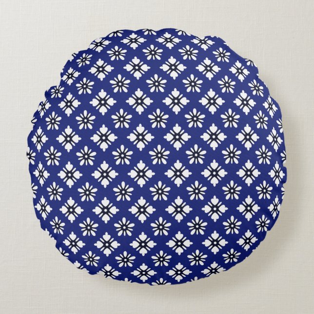 Oriental Indigo White Katazome Flowers Pattern Round Cushion (Front)