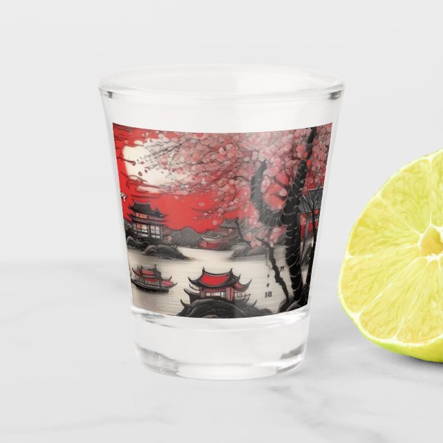 Oriental Ink Brush Drawing Chinese Scenery Shot Glass (Front)