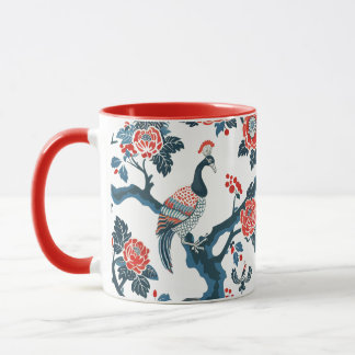 Oriental-Inspired Floral & Peafowl Bird Mug