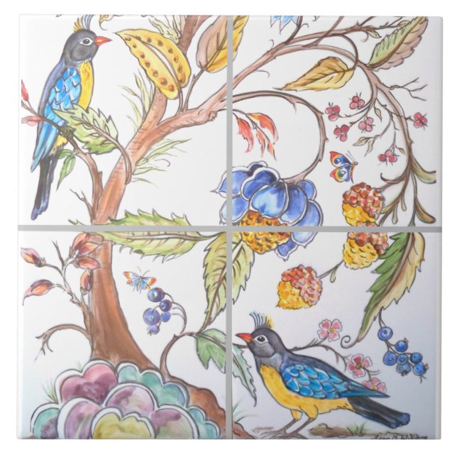 Oriental Jacobean Bird Floral Colourful Chinoiseri Ceramic Tile (Front)