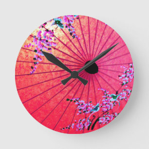 Oriental japanese floral pink parasol round clock