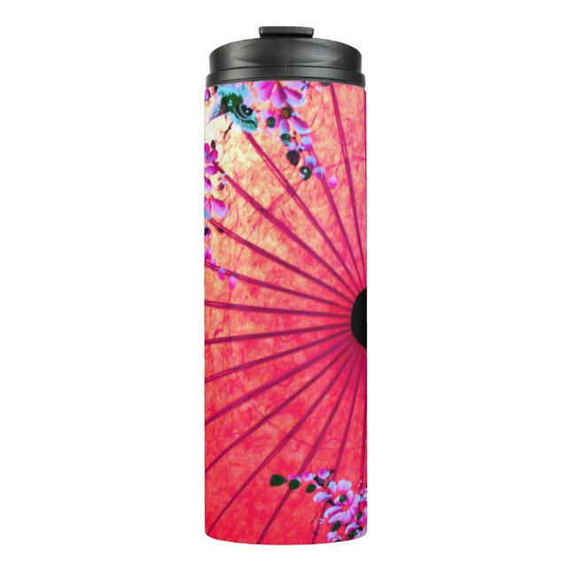 Oriental japanese floral pink parasol thermal tumbler (Front)