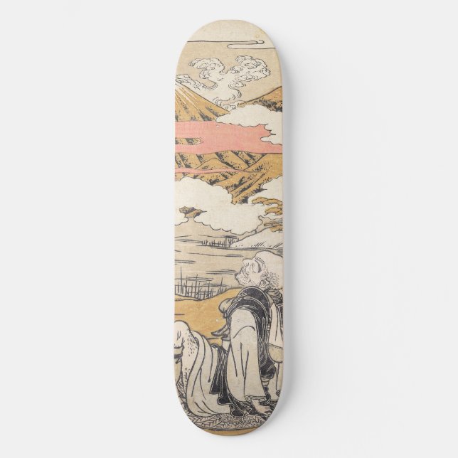 Oriental japanese man sitting admiring Fuji view Skateboard (Front)